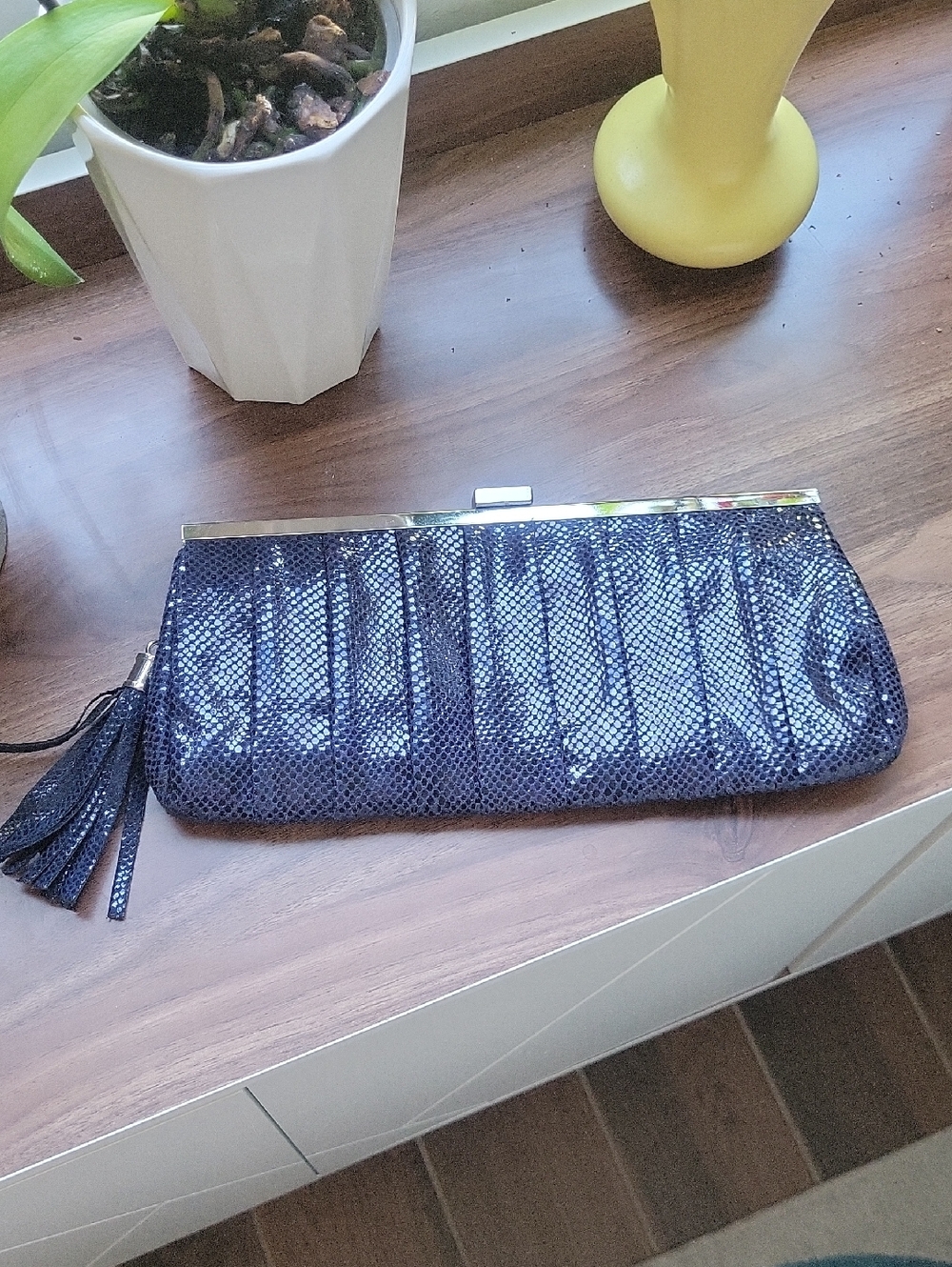 Jessica McClintock Shiny Navy Blue Textured Evening Clutch with Tassel